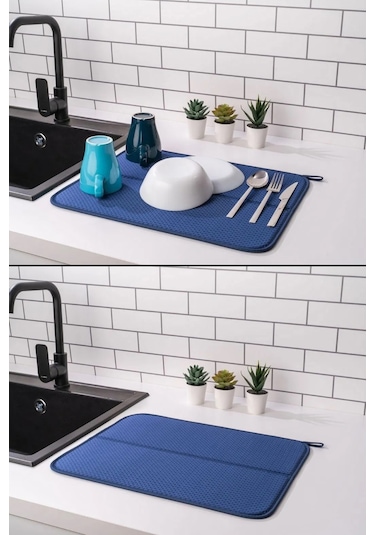 İronika Mikrofiber Bulaşık Kurutma Matı Süper Emici Bulaşık Kurutmalık Tezgah Üstü Kurutma Örtüsü 45x35 Cm Lacivert