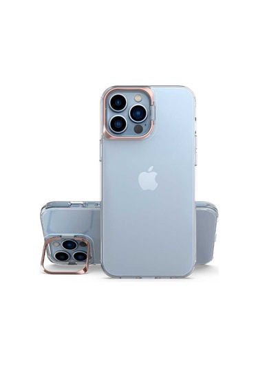 Ekılıf - İphone 13 Pro Max Uyumlu Kılıf Stand Olan Şeffaf Pürüzsüz Sert Skuba Kapak - Rose Gold