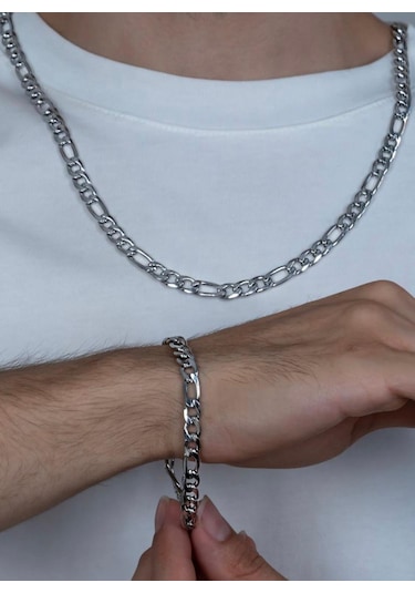 Saat Farkı Silver Figaro Model Çelik Unisex Kolye Ve Bileklik Set 2,5mm Silver