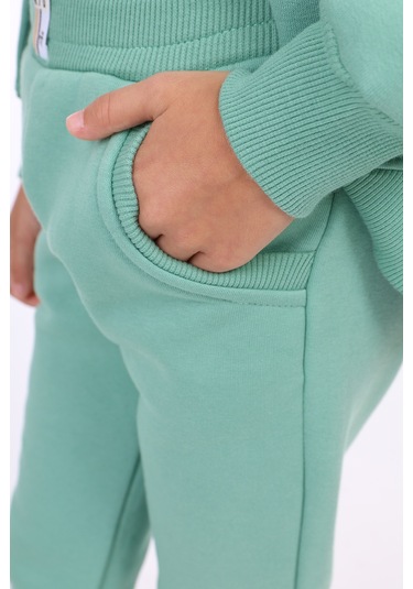 Kız Çocuk 2'li Takım Nakış Baskılı Bebe Yaka Fermuarlı Sweatshirt & Beli Lastikli Bol Paça Eşofman Altı - 3 İplik Şardonlu Yeşil