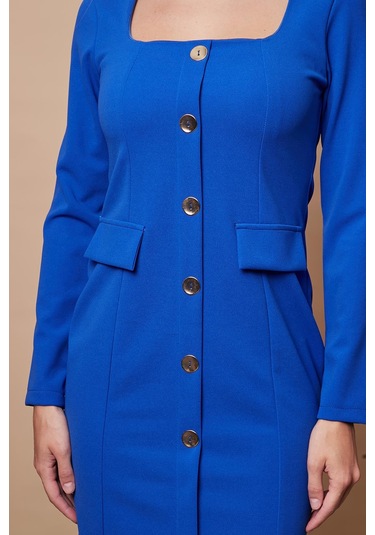 Kadın Likralı Krep Kumaş Kare Yaka Uzun Kol Önü Düğmeli Ofis Ceket Elbise-sax Sax