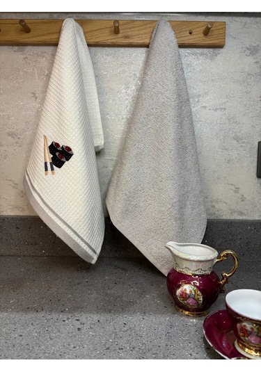 2 Li Mutfak Havlusu Seti - Açık Gri & Sushi Figürlü Kurulama Bezi - %100 Pamuk & 40x60 Cm Açık Gri