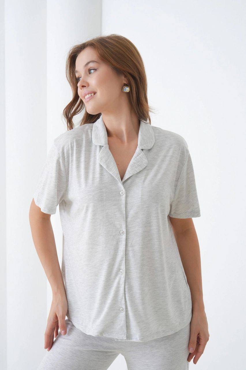 Kadın Pamuk Gömlek Kapri Şık Casual Curve Alt Üst Gecelik Takımı Antrasit