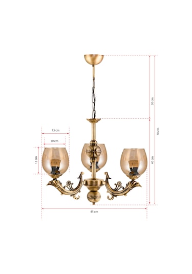 Dede Üç Kollu Sava Zamak Avize Bal Rengi Camlı Eskitme Bal