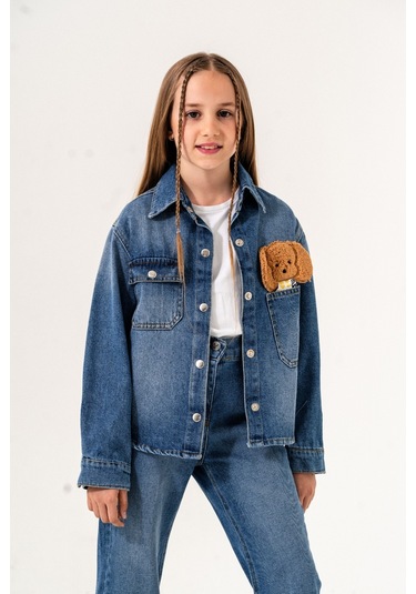 Kız Çocuk Köpek Nakışlı Kot Gömlek 3137 Mavi