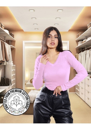 Pamuklu Kaşkorse V Yaka Body Sweatshirt, Fitilli Kumaş Likralı Bluz, Asker Yeşili Badi LILA