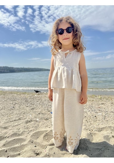 Paçaları Nakışlı Keten Kız Çocuk Takım Natürel Bej