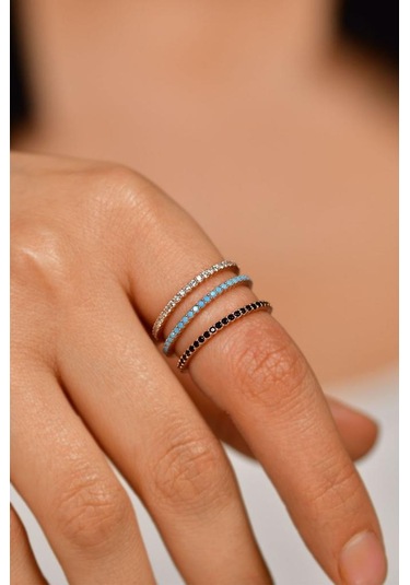 Roza Silver 925 Ayar Mix Taşlı Rose Minimal Tamtur 3'lü Gümüş Yüzük Set Rr10023