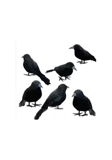 Dofolink Halloween Korku Atmosferi Oluşturucu Canlı Tasarımlı Sahte Karga Dekorasyon Seti - Köpük Ve Tüy Malzeme - 6 Adet Düz Kafa Modeli