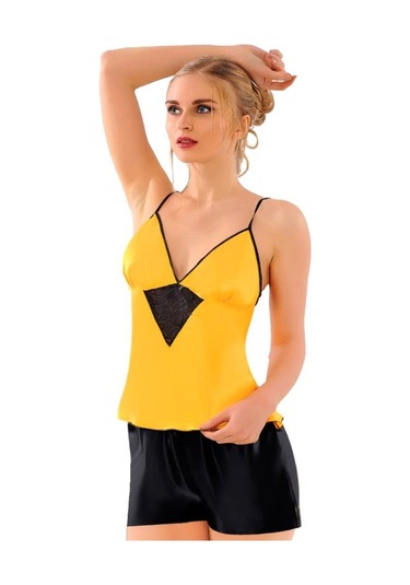 Sistina Bayan Sarı Siyah Saten Babydoll Şortlu Takım 291 Sarı - Siyah