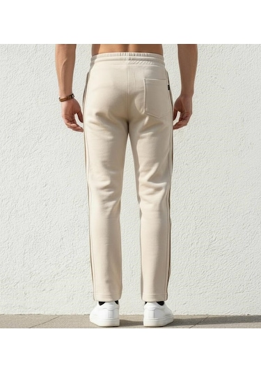Plus Scorpion Erkek Slim Fit Eşofman Altı Yan Şeritli Pamuklu Bej