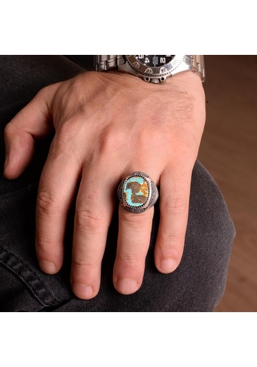 Gerçek Doğal Arizona Turkuaz Taş Yüzük, Erkek Yüzüğü, 925 Ayar Gümüş Yüzük Gümüş