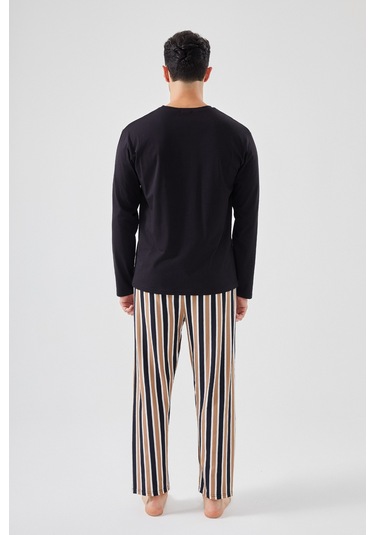 Erkek Pamuklu Uzun Kollu Üst Astronot Baskılı Alt Çizgili Pijama Takımı Ke30106 Siyah