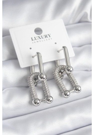 Pirinç Gümüş Renk Zirkon Taşlı Model Vıp Seri Kadın Küpe