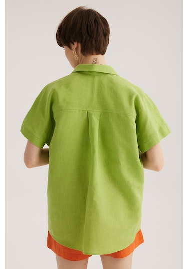 Stella Pulvis Yeşil Keten Karışımlı Tek Cep Düşük Kol Gömlek Yeşil