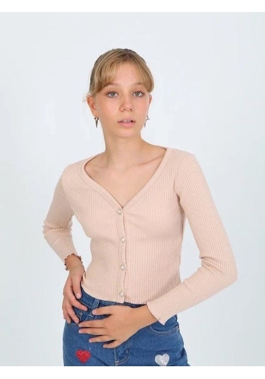 Kız Çocuk Kaşkorse Taşlı Düğmeli Hırka-14807 Bej