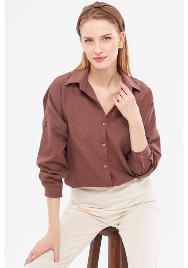 Armonika Kadın Koyu Kahve Oversize Uzun Basic Gömlek Arm-22y001118