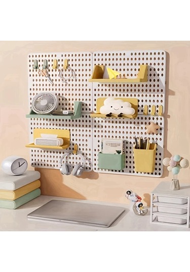 Topshop1 11 Parça Beyaz Taban Plakası Ve Sarı Aksesuar Seti Masaüstü Delikli Zımba Tahtası Depolama Rafı Öğrenci Yurdu İçin Duvara Monte Edilebilir