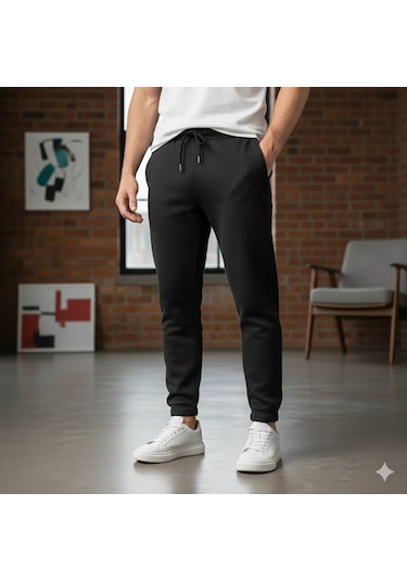 Noxly Jogger Eşofman Altı Lastik Paça Üç İplik Siyah