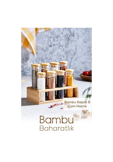 Vienev Bambu 8li Cam Baharatlık Standlı Ahşap