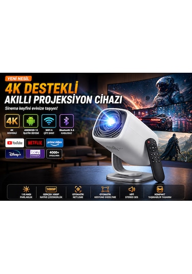 4k Destekli Android 13 Akıllı Projeksiyon Cihazı Wifi 6 Bluetooth 5.4 Full Hd Mini Projektör