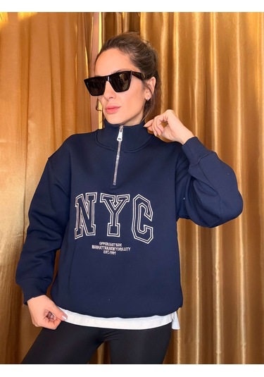 Ali Butik Lacivert Nyc Nakışlı Şardonlu Sweatshirt Lacivert