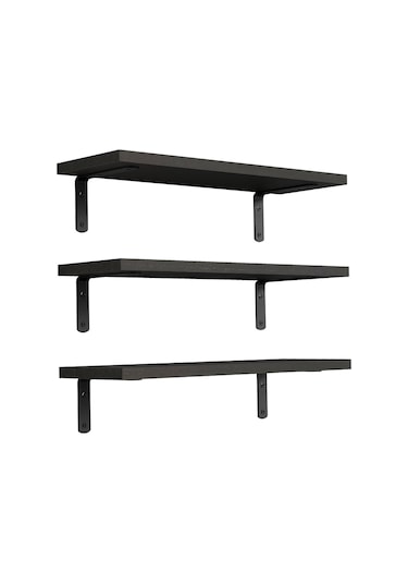 Suntek 3 Adet Duvara Monte Ahşap Yüzer Raflar Banyo Siyah