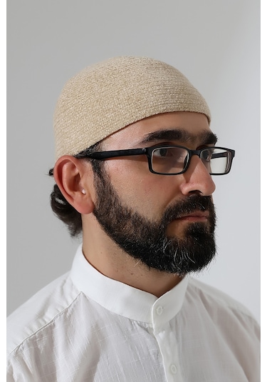 Kışlık Kadife Takke Düz Desen - Krem Krem