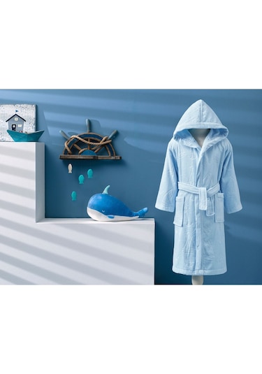 Boy Marine Kapüşonlu Kadife Çocuk Bornozu 15 Yaş Mavi
