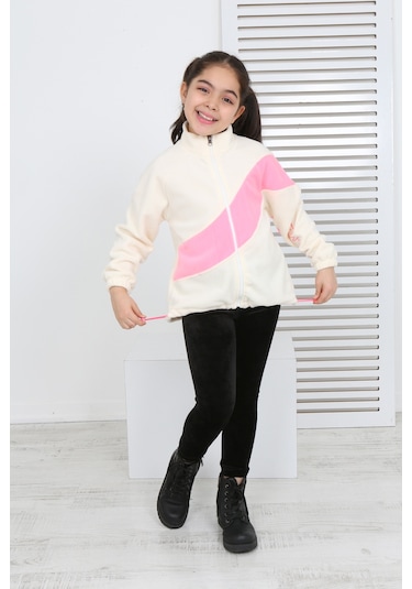 Toontoy Kız Çocuk Blok Renkli Polar Hırka Ekru