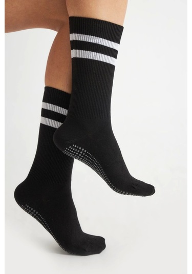 Bambu Kadın Siyah Kaydırmaz Taban Silikon Baskı Yoga Fitness Pilates Bale Dans Tenis Çorabı Çok Renkli