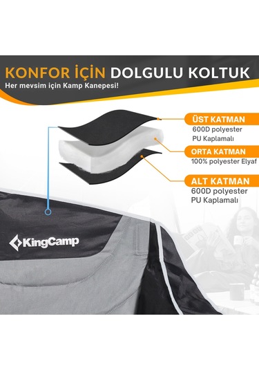 Kingcamp Canna Ultra Konforlu Üç Kişilik Katlanır Kamp Sandalyesi B.grey Gri - Siyah
