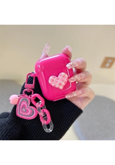 Apple Airpods 3. Nesil İle Uyumlu Kılıf Kalp Leopar Taş Kiraz Desenli Fiyok Tutmalı Kılıflar Pembe Koyu