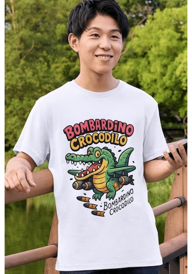 Bombardino Crocodilo Tişört Bombarıddıno Crocodil Çocuk T-shirt Tung Yetişkin Unisex Tişört Beyaz