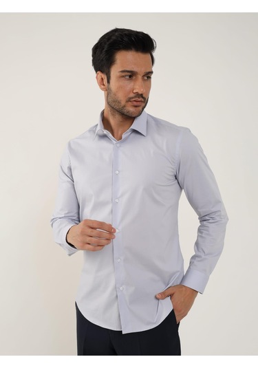 Açık Gri Erkek Slim Fit Düz Klasik Yaka Uzun Kol Gömlek - 88364 Açık Gri