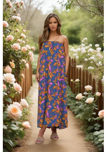 Kadın Straplez Astarlı Şifon Midi Yazlık Elbise 3753374 Pembe - Beyaz