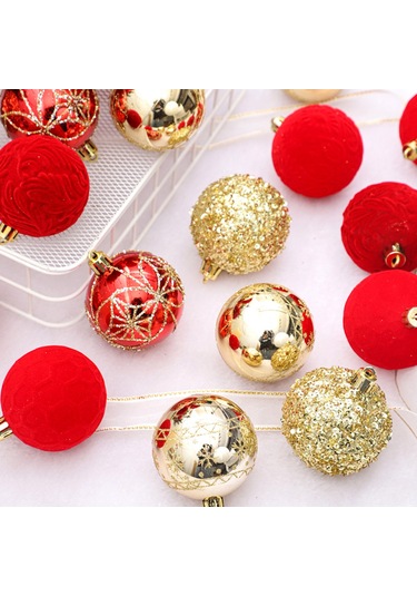 Vkemall 6cm Kumaş Kaplı Boyalı Noel Topları Seti - 25 Adet Ağaç Süs Eşyası Kırmızı+altın Noel Dekorasyonu