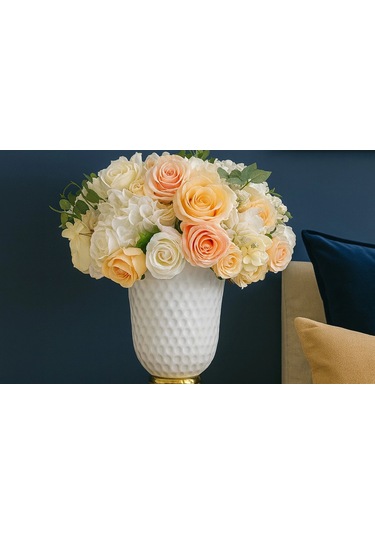 Altın Kaideli Beyaz Dokulu Vazo Şeftali/krem Gül & Ortanca Yapay Aranjman