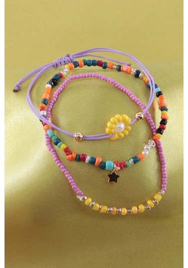 3lü Yıldızlı Çiçekli Boncuklu Asansörlü Bileklik. Lastikli Bileklik, Kadın İp Bileklik Halhal. Çok Renkli