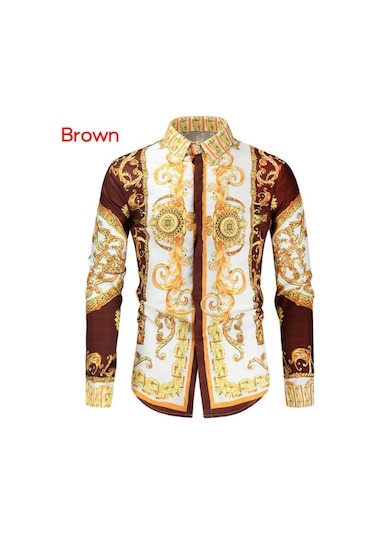 Cozy Up Erkek Casual Slim Fit Uzun Kollu Erkek Baskı Gömlek Kahverengi