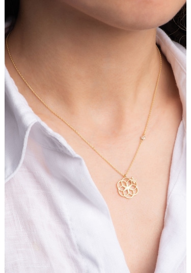 Yaşam Çiçeği 18 Ayar Sarı Altın Kaplama 47 Cm Gümüş Anne Kolyesi