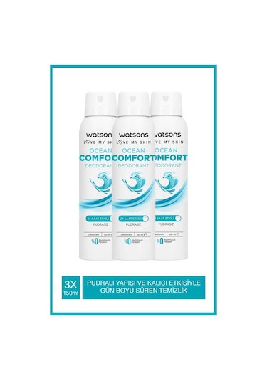 Watsons Ocean Comfort Pudrasız Deodorant Sprey 150 Ml X 3 + Fresh Men Pudrasız Deodorant Sprey 150 Ml X 3