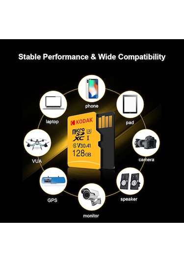 Geeroyoo Kodak 128gb Microsd Hafıza Kartı U3 V30 A1 100mb/s 4k Hd Video Kaydı, Akıllı Cihazlar İçin Dayanıklı