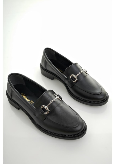 Muggo Sussie Garantili Metal Tokalı Kadın Loafer Günlük Ayakkabı Siyah