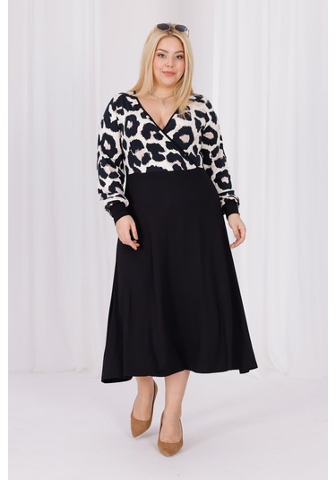 Kadın Vizon Siyah Leopar Desen Bloklu Kruvaze Yaka Balon Kol Büyük Beden Esnek Maxi Elbise Vizon