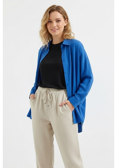 Yxc Trend Maker Oversize Uzun Basic Bayan Keten Gömlek Saks