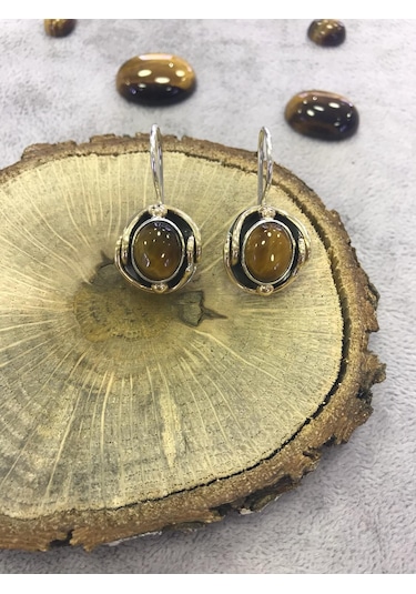 Kaplan Gözü Taşlı Gümüş Küpe 925 Ayar N11.65049