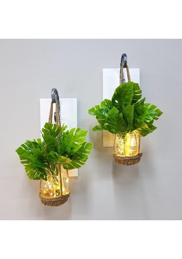 Duvar Dekoru, Led Işıklı, Deve Tabanı Çiçekli, Beyaz Aplik İkili Set