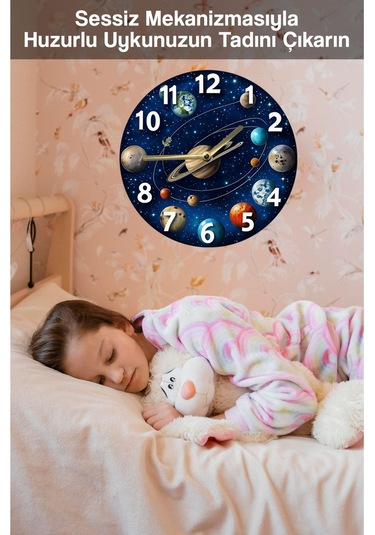 Gezegen Temalı Mdf Duvar Saati 33 Cm, 3d Görünümlü, 2d Hd Baskı, Sessiz Mekanizma Sdw234 Renkli