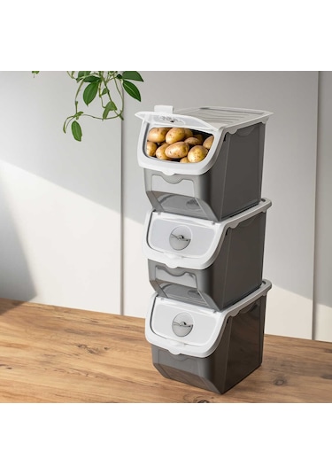 Porsima Coral 3 lü Çok Amaçlı Plastik Patates Soğan Sarımsak Saklama Kutusu 12 L - Gri